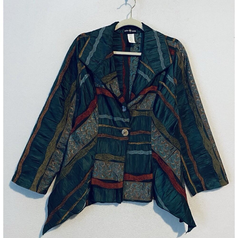 Connies Moonlight Blazer Womens Medium Boho Patchwork Crinkle Satin Button Up